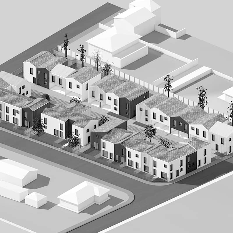 Perspective 3D aérienne pour raconter l'histoire du projet, à l'échelle du quartier