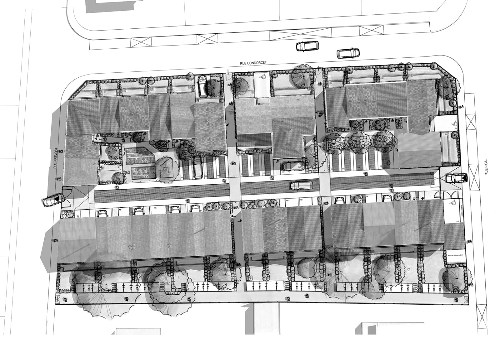 Plan masse des maisons accolées et des circulations intérieures et extérieures