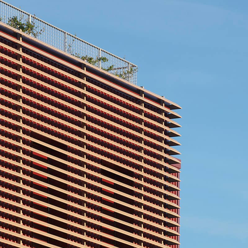 Détail du bardage bois ajouré et de la terrasse végétalisée